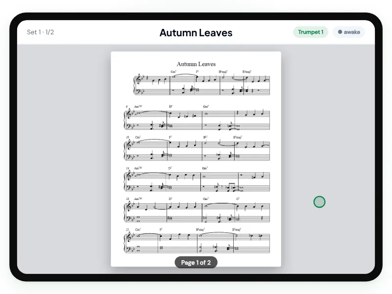 A full-screen tablet chart reader swiping through a setlist