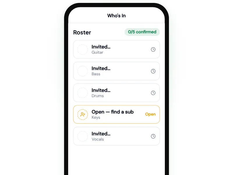 A band roster filling with green confirmations, an open slot getting a sub